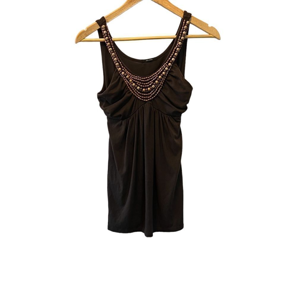 Brown Beaded Scoop Neck Empire Waist Stretch Tank Top S